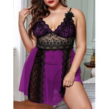 

Scalloped Lace Mesh T-back Plus Size Lingerie Babydoll, Purple