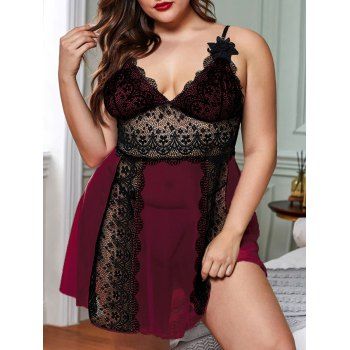 

Scalloped Lace Mesh T-back Plus Size Lingerie Babydoll, Red