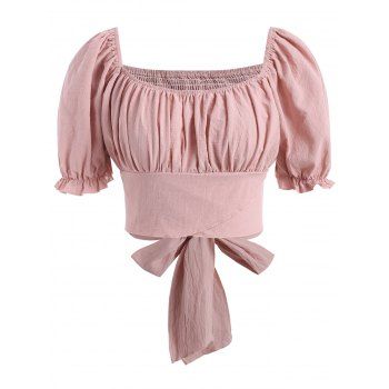 

Plus Size Smocked Back Knot Puff Sleeve Milkmaid Blouse, Light pink