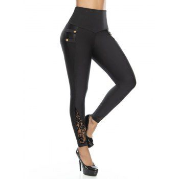 

Lace Insert Mock Button Skinny Pants, Black
