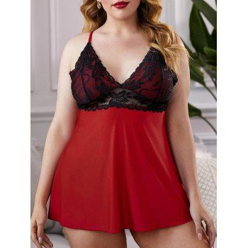 

Scalloped Lace Panel Criss Cross T-Back Plus Size Babydoll, Red