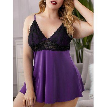 

Scalloped Lace Panel Criss Cross T-Back Plus Size Babydoll, Purple