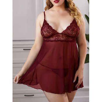 

Sheer Lace Mesh Lace Up Back Plus Size T-back Babydoll, Red