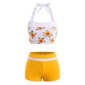 Vacation Bright Sunflower Print Swimsuit Mock Button Striped Halter Tankini Swimwear dresslily imagine noua 2022