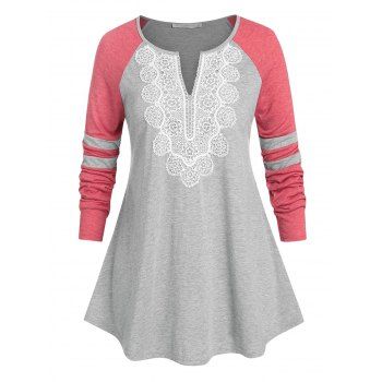 

Plus Size Colorblock Guipure Lace T Shirt, Gray