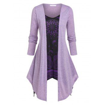 

Plus Size Paisley Print Faux Twinset Asymmetric Tee, Light purple