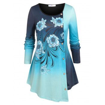 

Plus Size Ombre Color Floral Print Asymmetric T-shirt, Blue