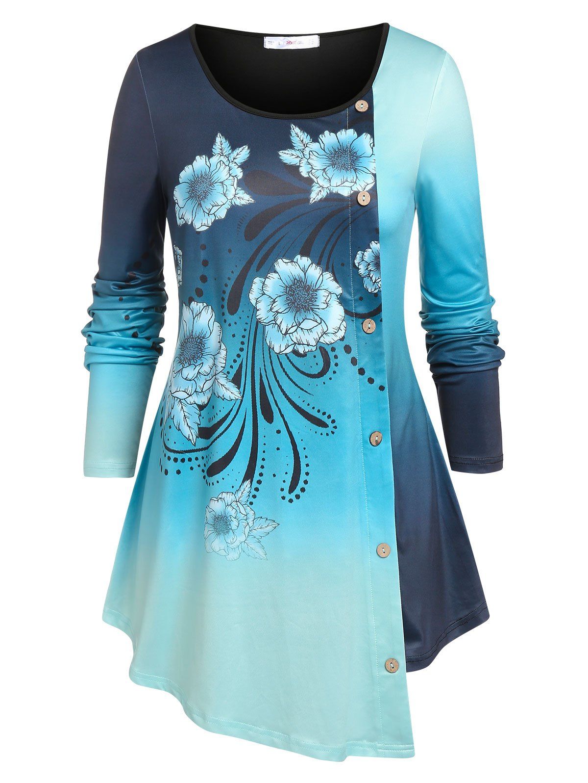 Plus Size Ombre Color Floral Print Asymmetric T-shirt - BLUE 1X