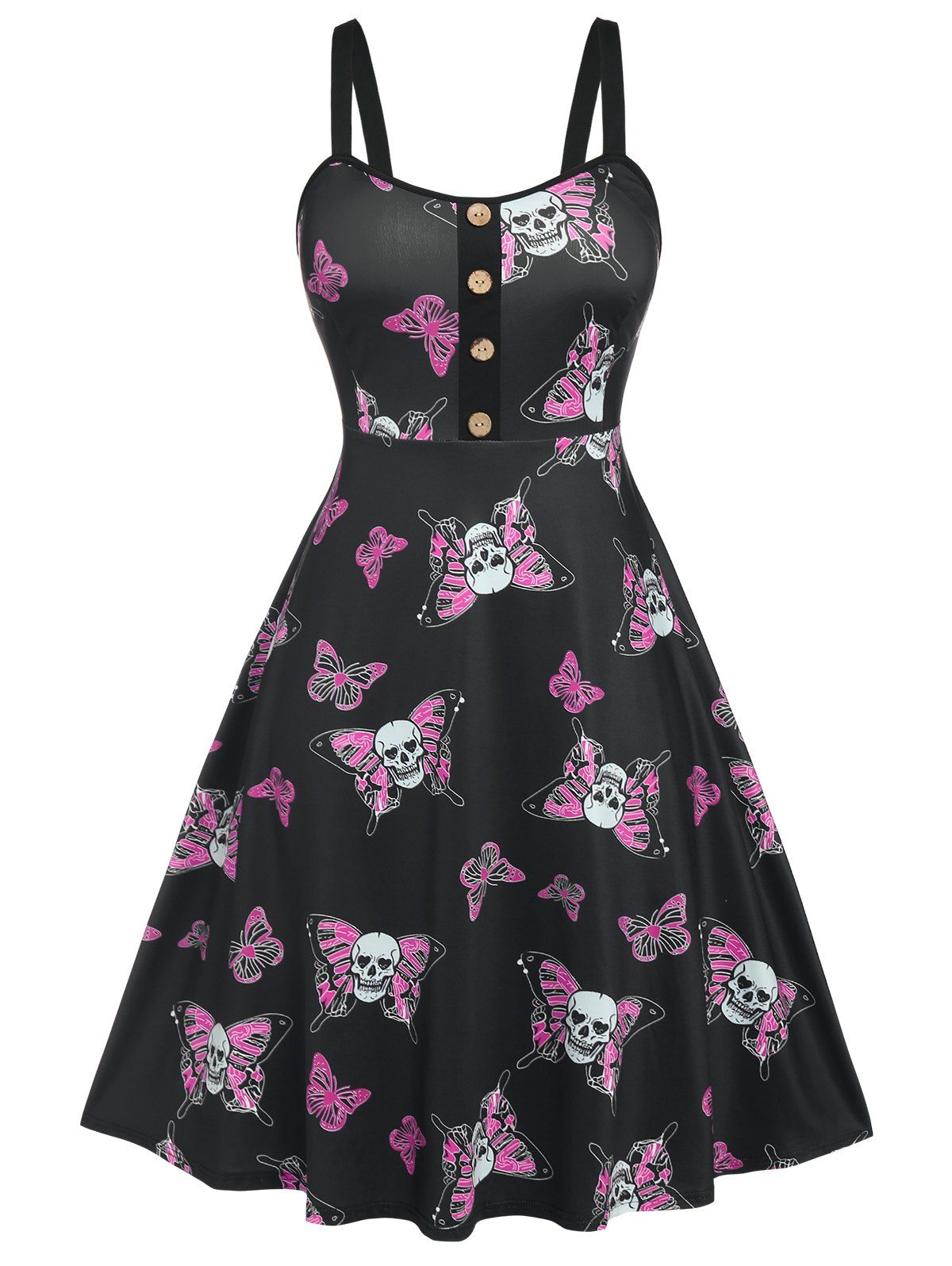 Plus Size Skull Butterfly Print Halloween Dress - BLACK 1X