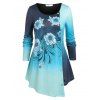 Plus Size Ombre Color Floral Print Asymmetric T-shirt - BLUE 1X
