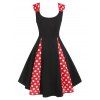 Vintage Polka Dot Plaid Bowknot Mock Button Surplice Midi Dress - RED S