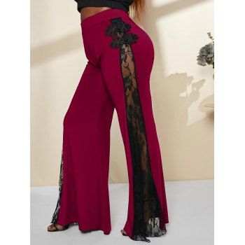 

Plus Size Sheer Lace Panel Bell Bottom Pants, Deep red