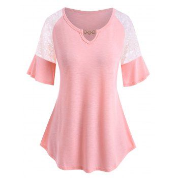 

Plus Size Chain V Notch Lace Panel Tunic Tee, Light pink