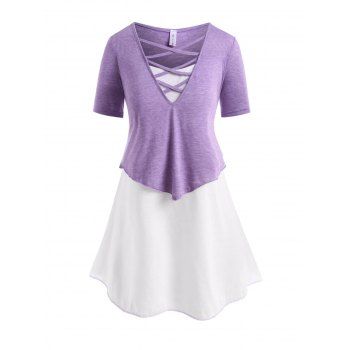 

Plus Size Lattice Space Dye Two Tone Tunic Tee, Purple