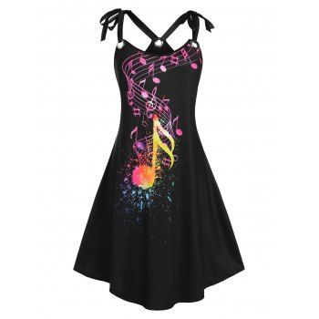 

Plus Size O Ring Tie Shoulder Musical Notes Print Sundress, Black