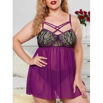 

Underwire Strappy Lace Mesh Plus-Size Lingerie Babydoll, Purple