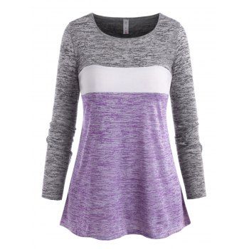 

Plus Size Colorblock Space Dye Long Sleeves Tee, Light purple
