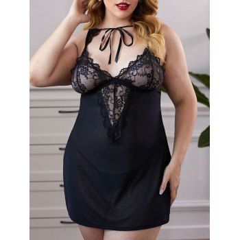 

Tie Collar Lace Panel Plus Size T-back Lingerie Babydoll, Black