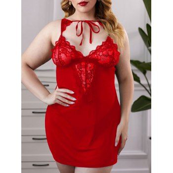 

Tie Collar Lace Panel Plus Size T-back Lingerie Babydoll, Red