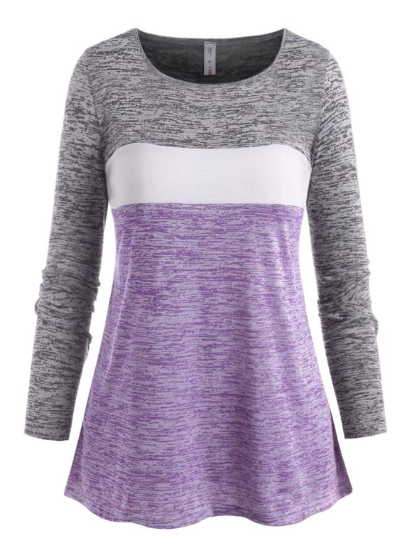 T-shirt Teinté en Blocs de Couleurs de Grande Taille à Manches Longues - Violet clair 5X