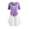 T-shirt Tunique Teinté Bicolore de Grande Taille en Treillis - Pourpre 2X