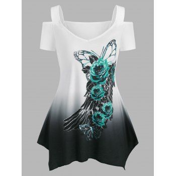 

Flower Feather Print Cold Shoulder Handkerchief T Shirt, White