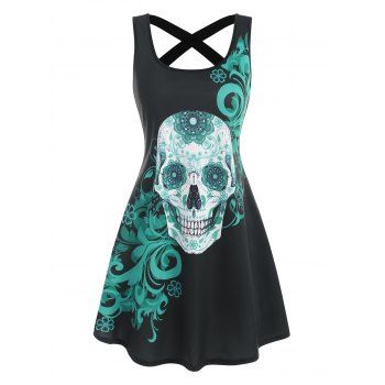 

Skull Butterfly Musical Notes Print Criss Cross Skater Tank Dress, Black