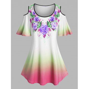 

Plus Size Cold Shoulder Floral Print Ombre Color Tee, Red