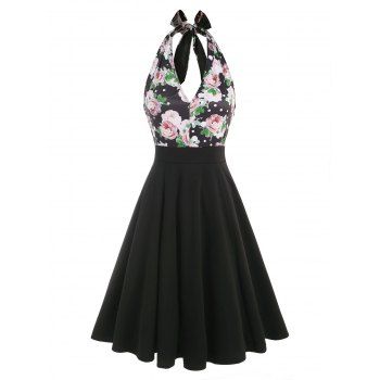 

Flower Print Halter V Front Backless Dress, Black