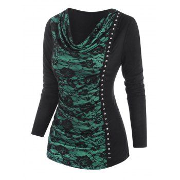 

Cowl Neck Flower Lace Rivet T Shirt, Black