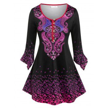 

Plus Size Paisley Print Bell Sleeve Henley Tee, Light purple