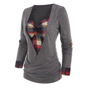 Heathered Contrast Colorblock Plaid Insert Roll Up Sleeve Corset Style Surplice T Shirt