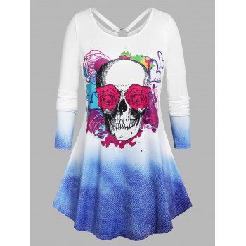 

Plus Size Rose Skull Print Ombre Color Halloween Tee, White