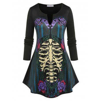 

Plus Size Skeleton Print Long Sleeve Jersey Tee, Black