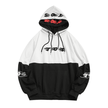 Flame Print Double Hooded Color Block Hoodie