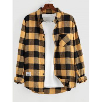 

Plaid Pattern Pocket Patched Shirt, Deep yellow