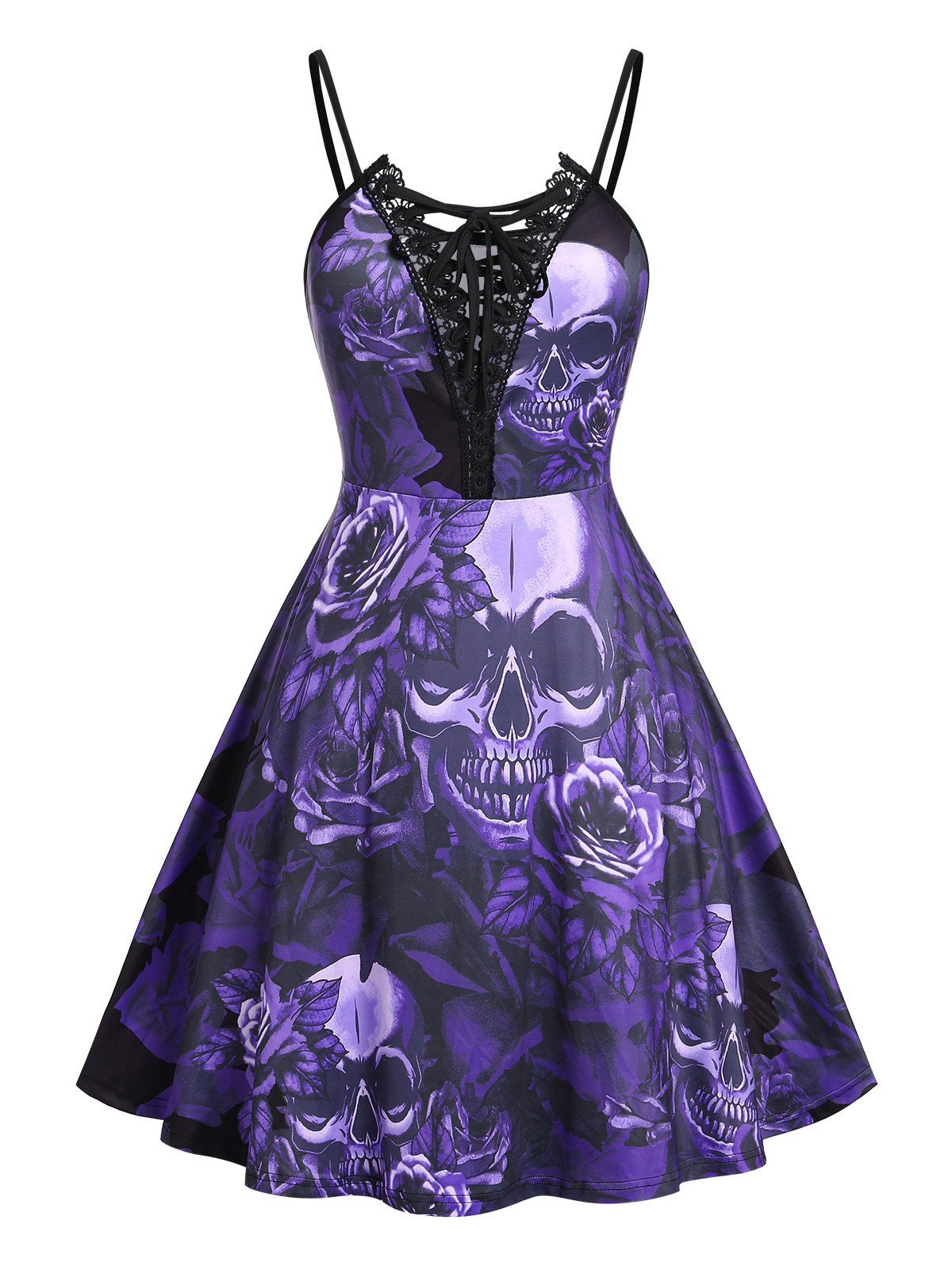 Plus Size Skull Flower Print Flare Dress - BLACK L