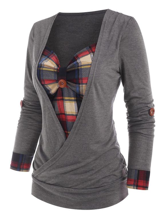 Heathered Contrast Colorblock Plaid Insert Roll Up Sleeve Corset Style Surplice T Shirt - GRAY XXL
