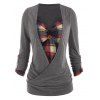 Heathered Contrast Colorblock Plaid Insert Roll Up Sleeve Corset Style Surplice T Shirt - GRAY M