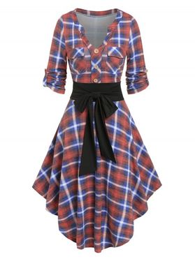 Vintage Plaid Asymmetrical Bowknot Roll Up Sleeve Pocket Shirt Dress
