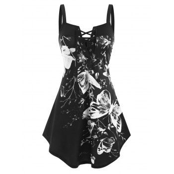 

Flower Butterfly Print Lace Up Curved Hem Tank Top, Black