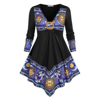 

Plus Size Sun and Moon Print Irregular T-shirt, Black
