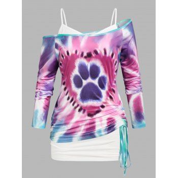 

Plus Size Skew Neck Tie Dye Cinched Tee and Tank Top Twinset, Multicolor