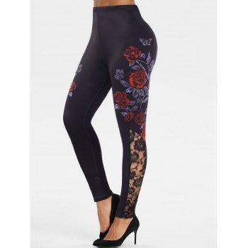 

Floral Butterfly Print Lace Insert Leggings, Black