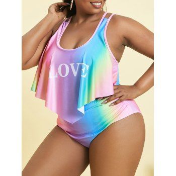 

Plus Size Letter Rainbow Flounce Overlay Tummy Control Tankini Swimwear, Multicolor