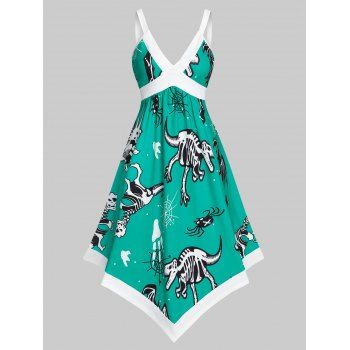

Gothic Dinosaur Skeleton Spider Web Ghost Print Asymmetric Dress Contrast Trim High Waist Midi Dress, Light green