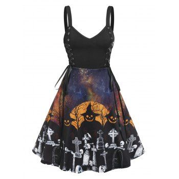 

Halloween Lace Up Gothic Printed Dress, Black