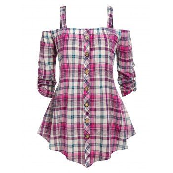 

Plus Size Cold Shoulder Roll Up Sleeve Plaid Blouse, Multicolor