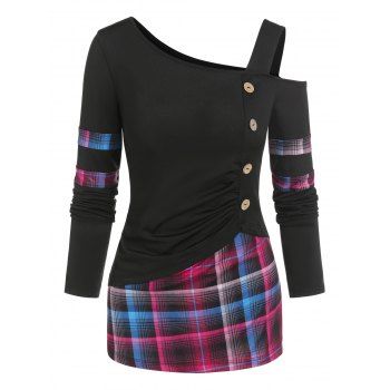 

Plaid Skew Neck Button Embellished T Shirt, Black
