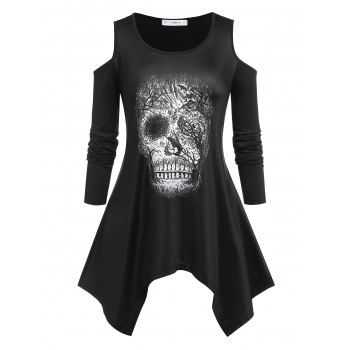 

Plus Size Cold Shoulder Skull Print Handkerchief Halloween Tee, Black